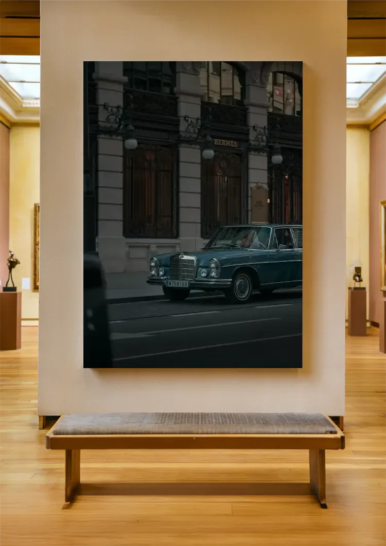 Vintage Blue Mercedes City Street Twilight Nostalgic Retro Car Painting