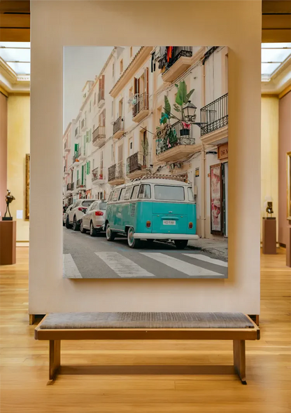 Vintage Turquoise Volkswagen Bus Mediterraans Straatbeeld Retro Schilderij