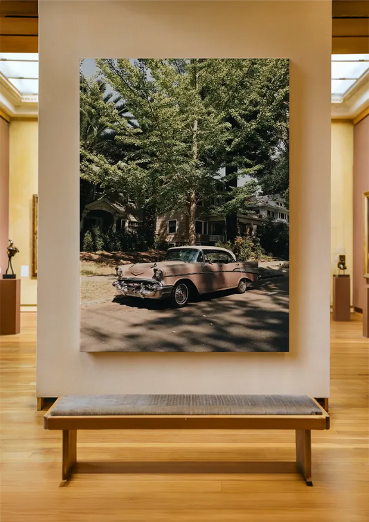 Pink classic car canvas painting on the wall in the hallway