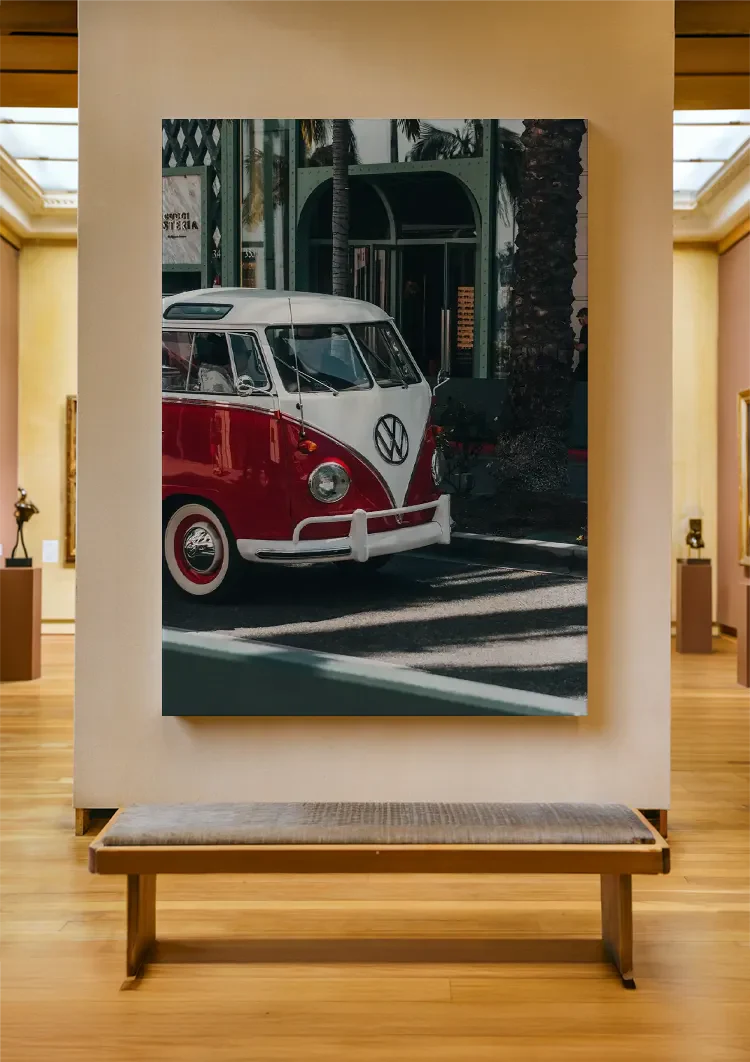 Rot Weißer VW Bulli Bus Palmen Sonnige Straße Gemälde