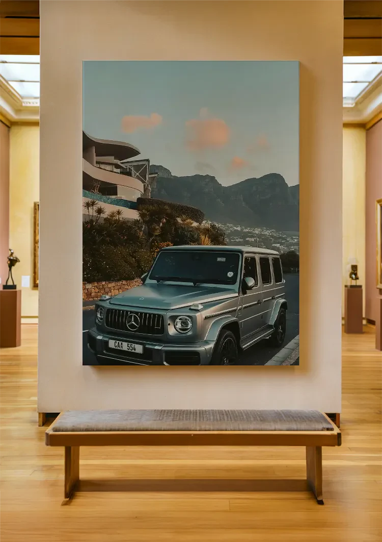 Zilveren Mercedes G63 AMG Berg Zonsondergang Moderne Architectuur Schilderij