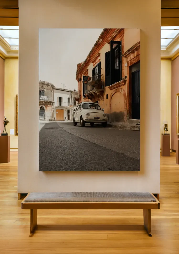 Weißer Vintage Fiat 500 Italienische Straße Terrakotta-Gebäude Gemälde