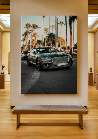 Grauer Bentley Cabrio Palmen Straße Sonnenuntergang Gemälde