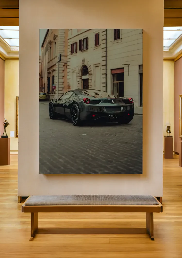 Schwarzer Ferrari 458 Alte Europäische Stadtstraße Kopfsteinpflaster Gemälde