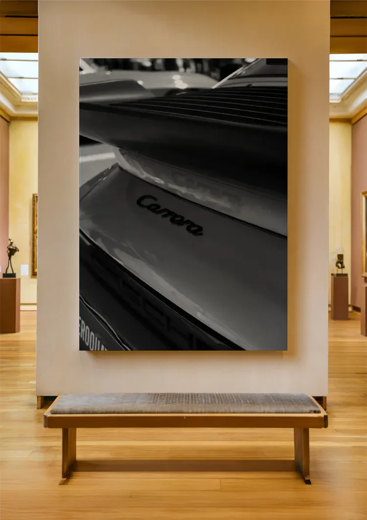 Porsche Carrera Embleem Close Up Zwart Wit Achterkant Schilderij