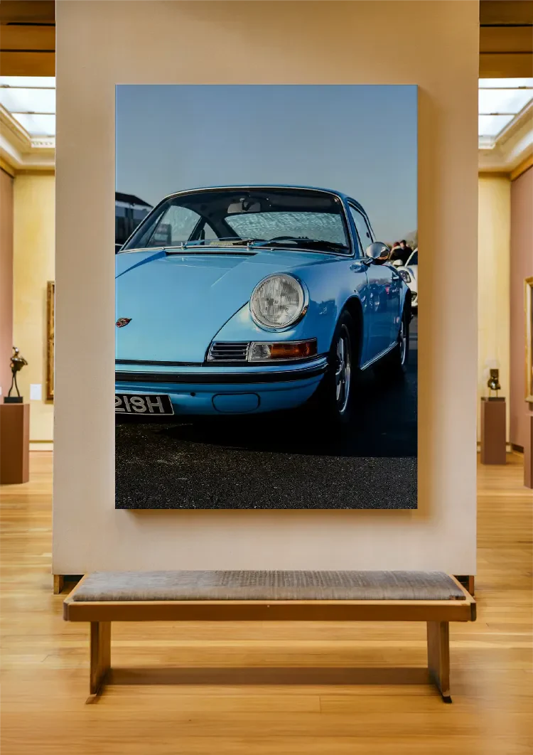 Vintage Hellblauer Porsche 911 Klassisch Sonnenschein Blauer Himmel Gemälde