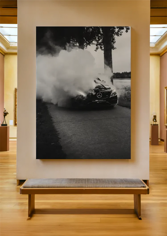 Sports car burnout with smoke canvas painting on the wall in the hallway.