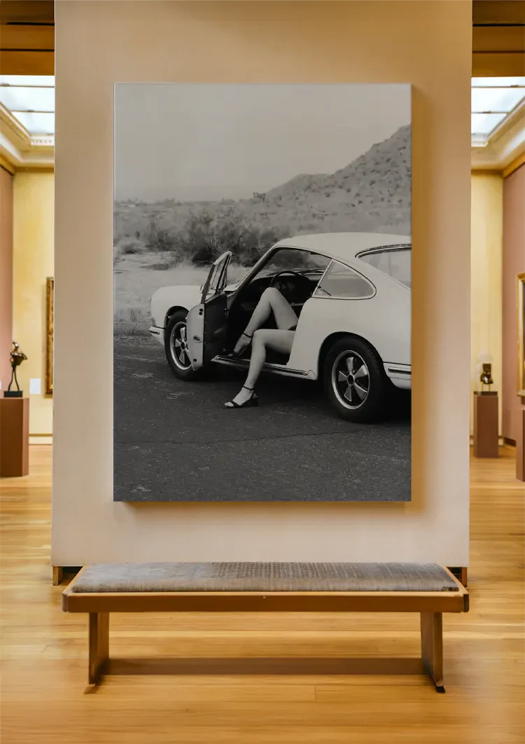 Woman In Vintage Porsche 911 Open Door Desert Landscape Black White Painting