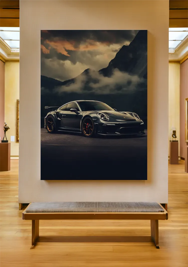 Dark Porsche GT3 RS Dramatic Mountain Landscape Cloudy Sky Painting