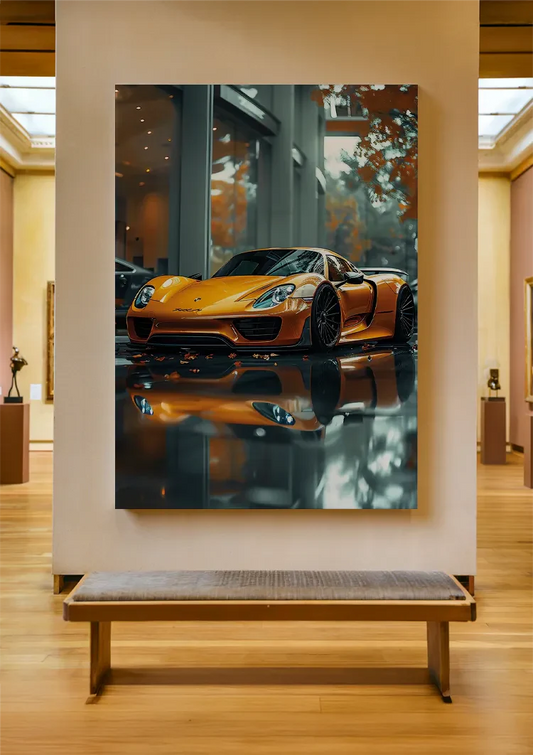 De oranje sportwagen canvas schilderij aan de muur in de hal bij de voordeur