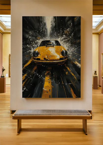 Gele Porsche Sportwagen Waterplons Stedelijke Straat Dynamisch Schilderij