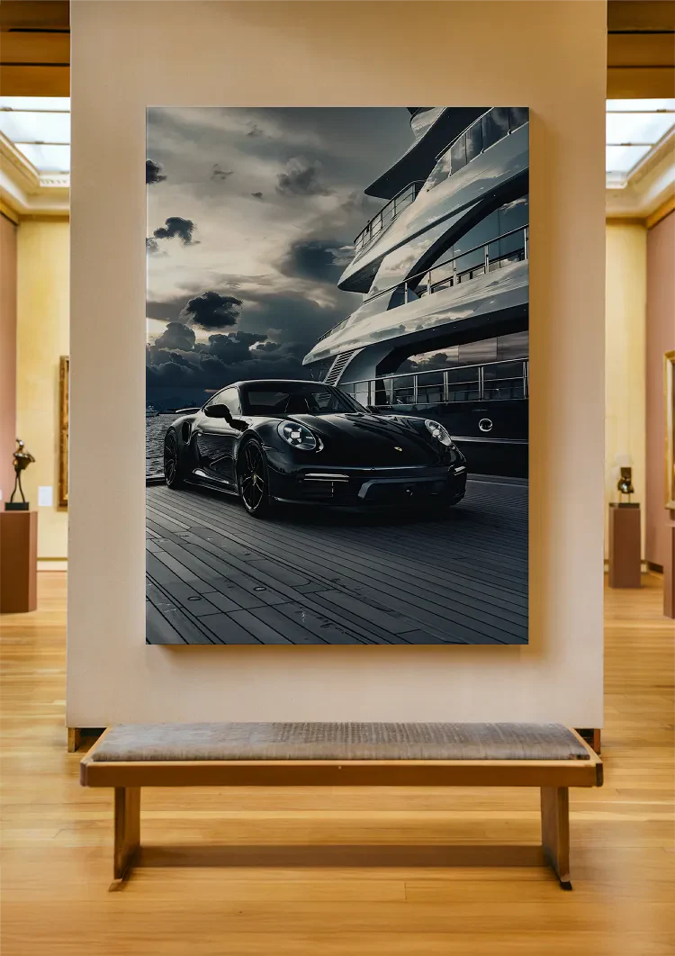 Black Porsche 911 at Yacht Luxury Harbor Dramatic Sky Painting