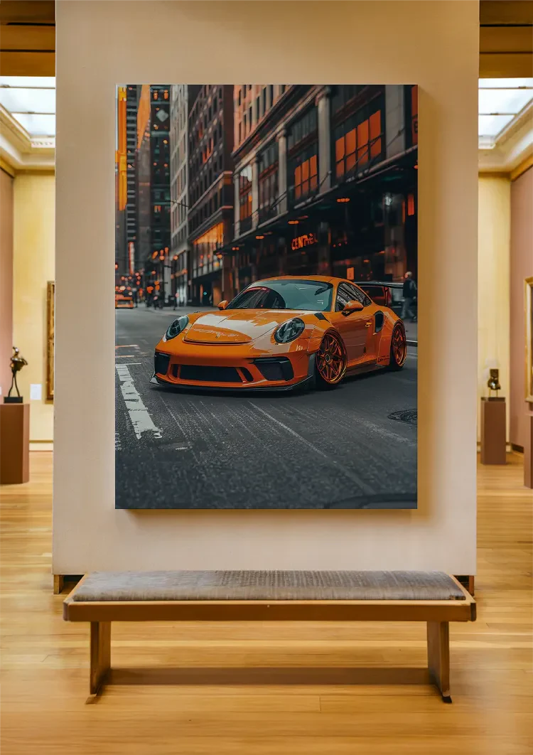 Oranje Porsche Sportwagen Stad Avond Oranje Lichten Luxe Auto Kunst Schilderij