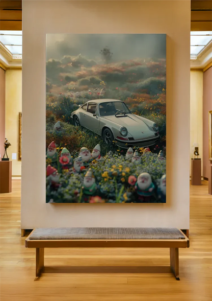 White Porsche 911 Flower Meadow Gnomes Dreamy Mist Painting