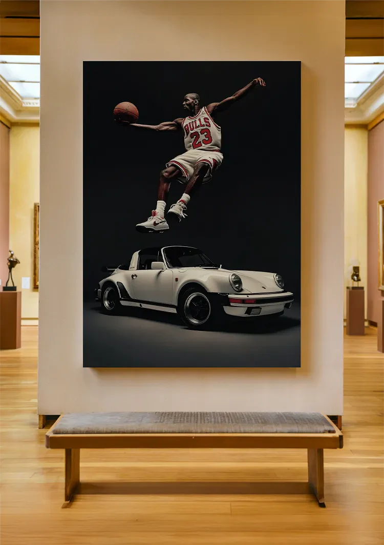 Basketballspieler Slam Dunk Über Weißem Porsche Cabrio Schwarz-Weiß-Gemälde