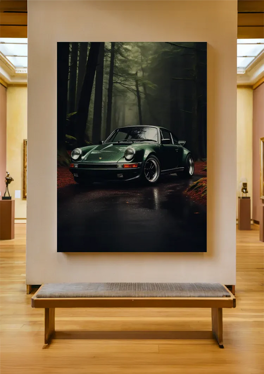 The sports car on the misty forest road canvas painting on the wall in the hallway