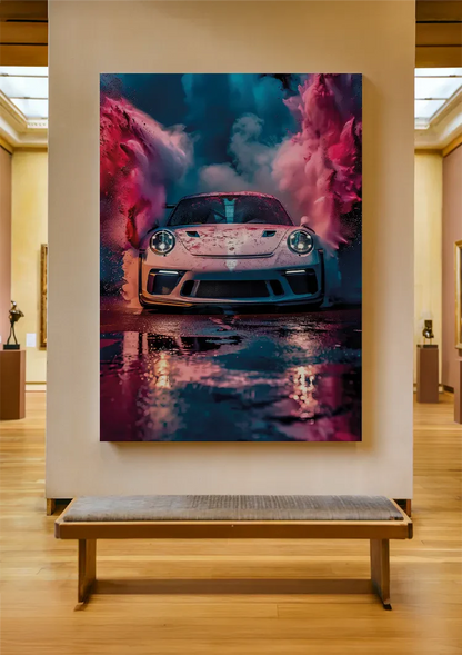 White Porsche GT3 RS Colorful Pink Blue Smoke Clouds Surreal Painting
