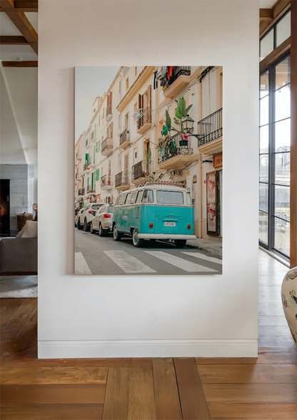 Vintage Turquoise Volkswagen Bus Mediterraans Straatbeeld Retro Schilderij