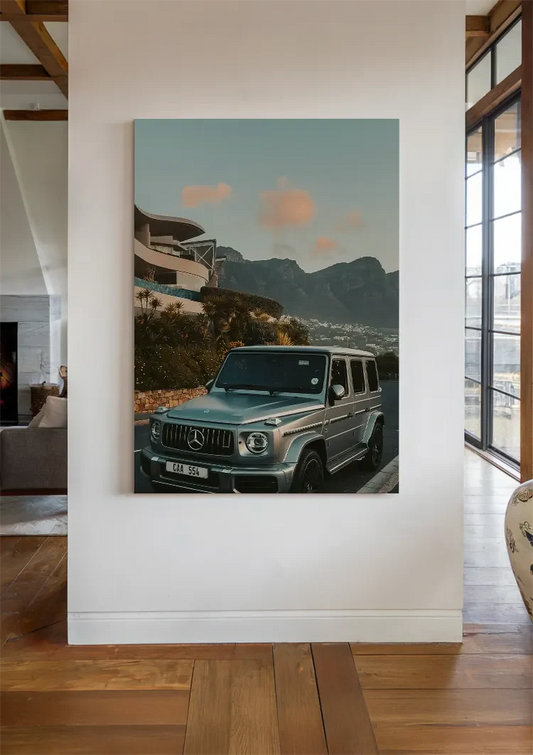 Silver off-road vehicle canvas painting on the wall in the hallway
