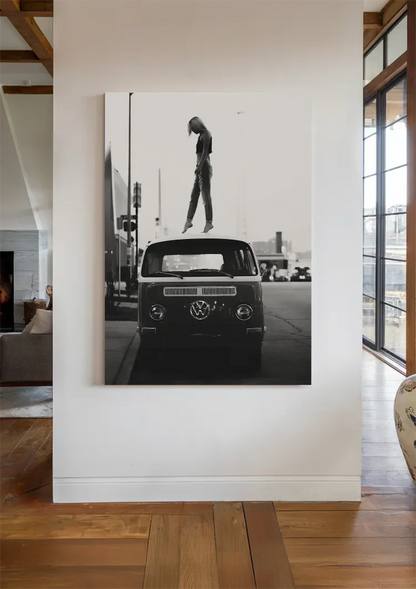 Black White VW Bus Person On Roof City Street Painting