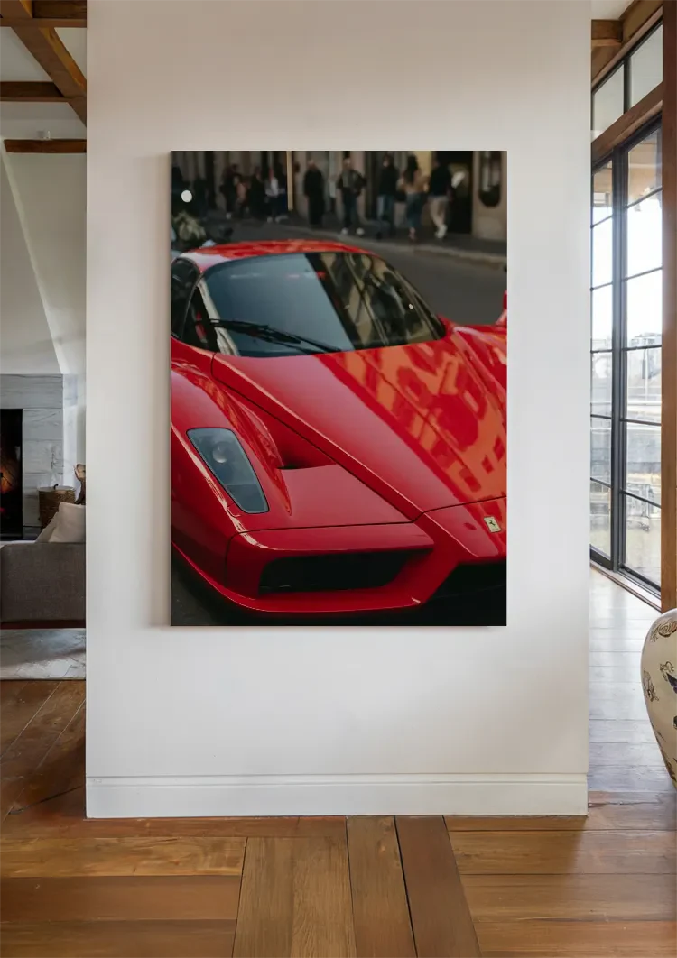 Roter Ferrari Enzo Nahaufnahme Stadtstraße Supersportwagen Gemälde