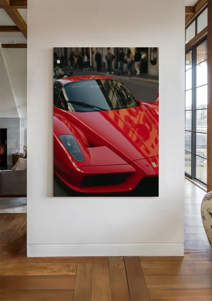 Roter Ferrari Enzo Nahaufnahme Stadtstraße Supersportwagen Gemälde