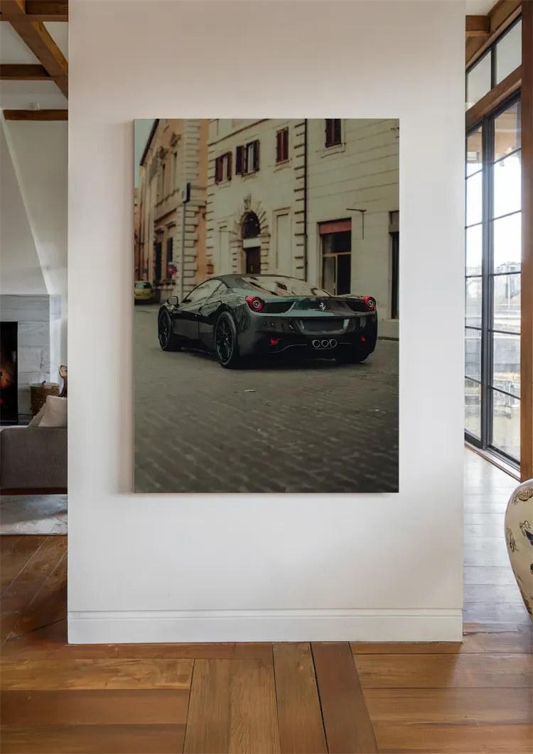 Schwarzer Ferrari 458 Alte Europäische Stadtstraße Kopfsteinpflaster Gemälde