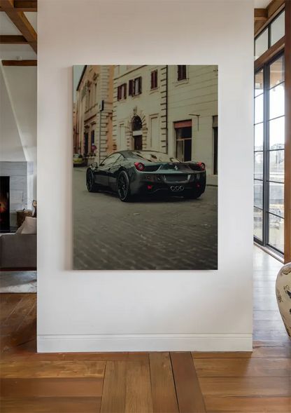 Schwarzer Ferrari 458 Alte Europäische Stadtstraße Kopfsteinpflaster Gemälde