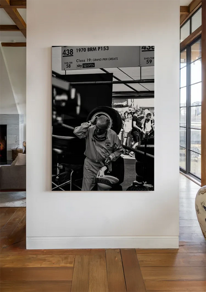 Elderly Driver Removes Helmet Formula 1 Paddock Black White Painting