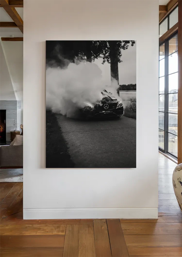Mercedes AMG Burnout Dikke Rook Zwart Wit Dramatisch Straatfotografie Schilderij