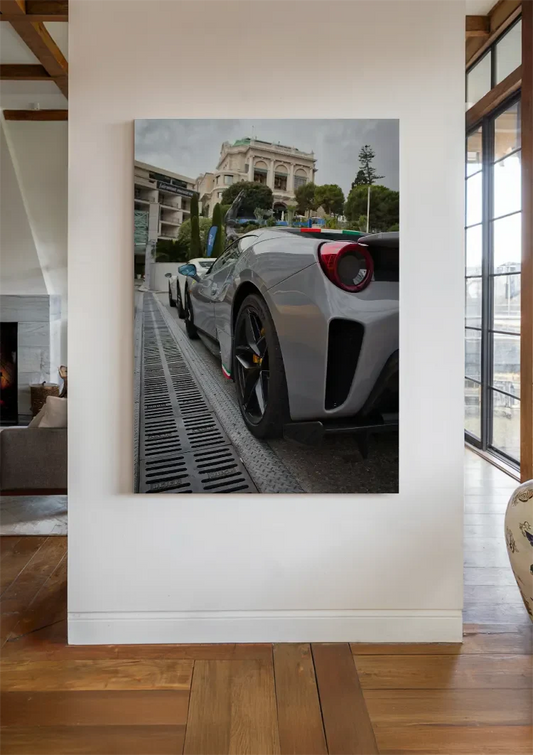 Silver sports car canvas painting on the wall in the hallway.