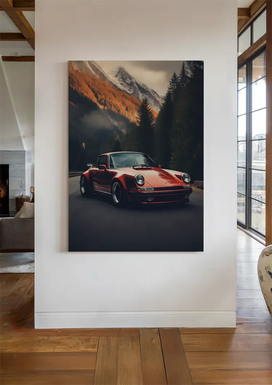 De rode sportwagen canvas schilderij aan de muur in de hal bij de voordeur