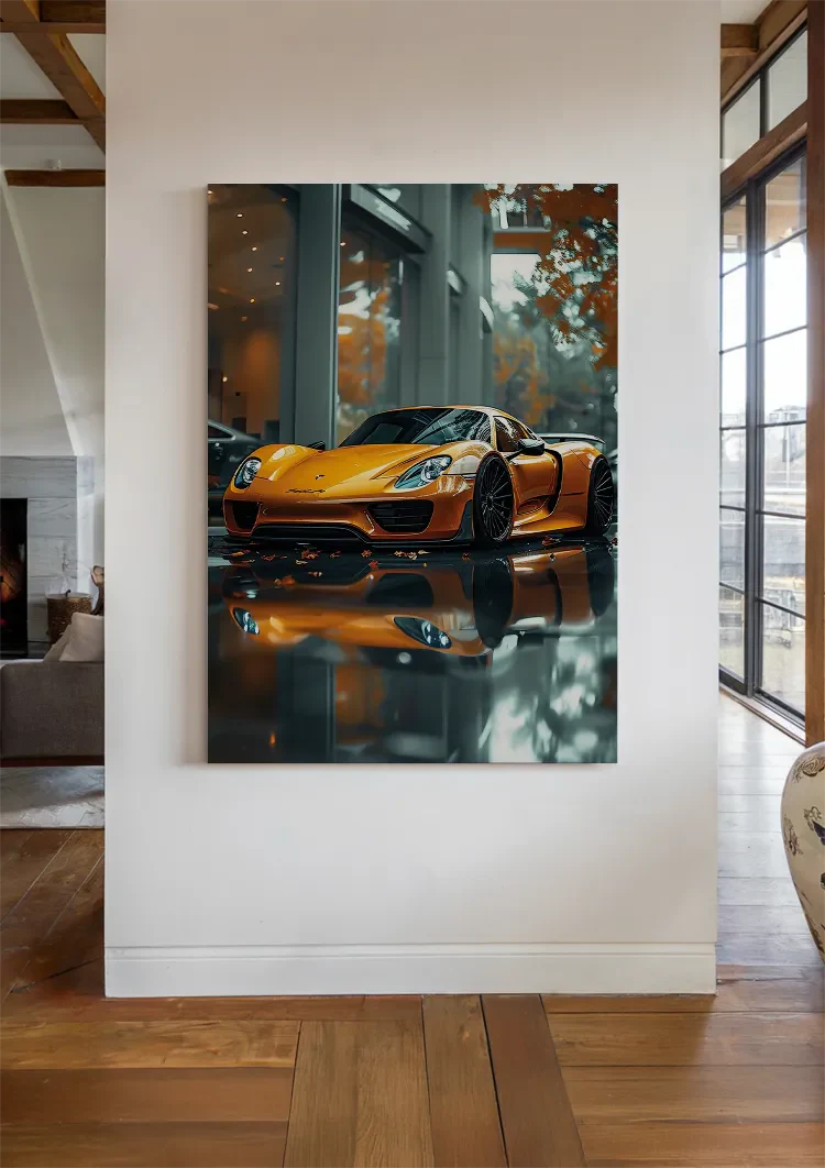 Orange Porsche 918 Spyder Showroom Glossy Floor Painting