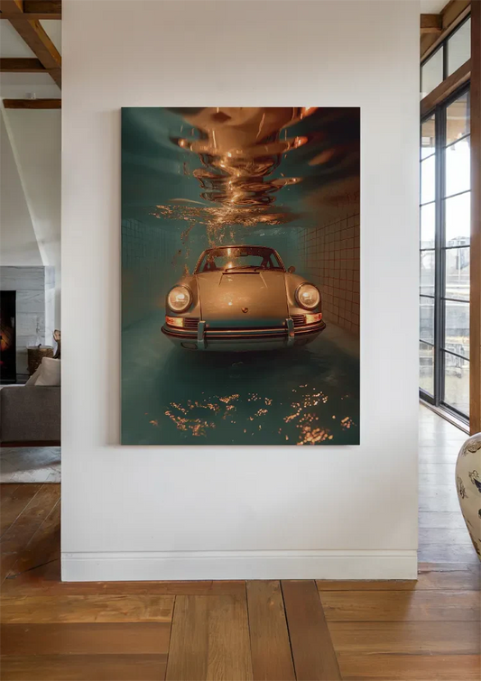 De sportwagen in het turquoise zwembad canvas schilderij aan de muur in de hal