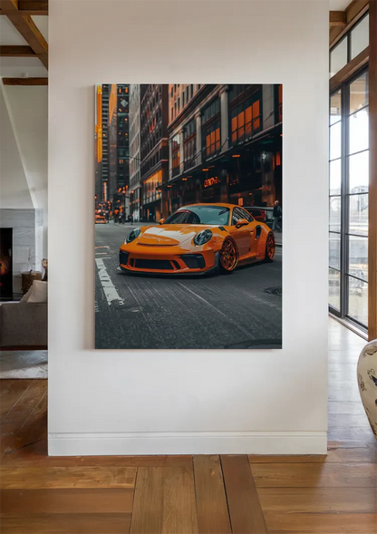 Oranje Porsche Sportwagen Stad Avond Oranje Lichten Luxe Auto Kunst Schilderij