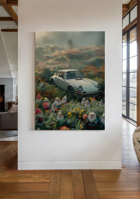 Vintage Sportwagen Leinwandbild hängt an der Wand im hellen Flur