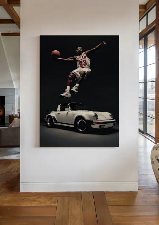 De basketballer boven de sportwagen canvas schilderij aan de muur in de hal