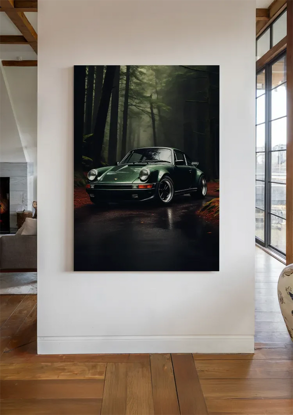Dunkelgrüner Porsche 911 Nebliger Wald Nasse Forststraße Gemälde