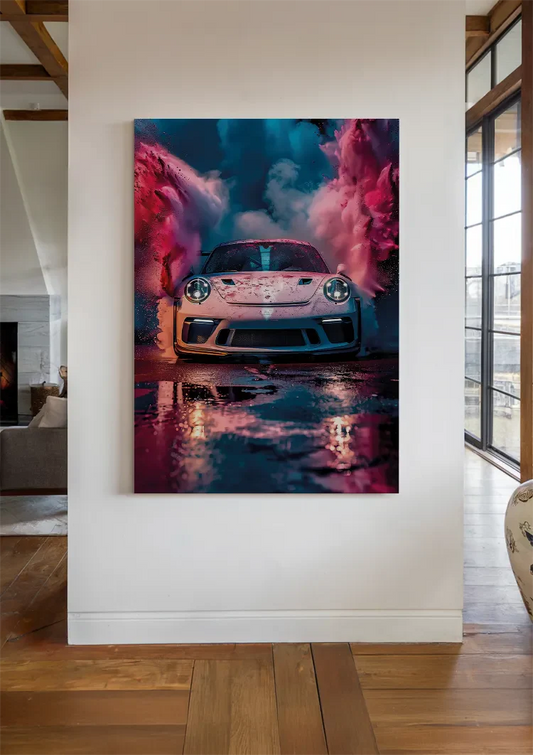 The white sports car in the smoke clouds canvas painting on the wall in the hallway