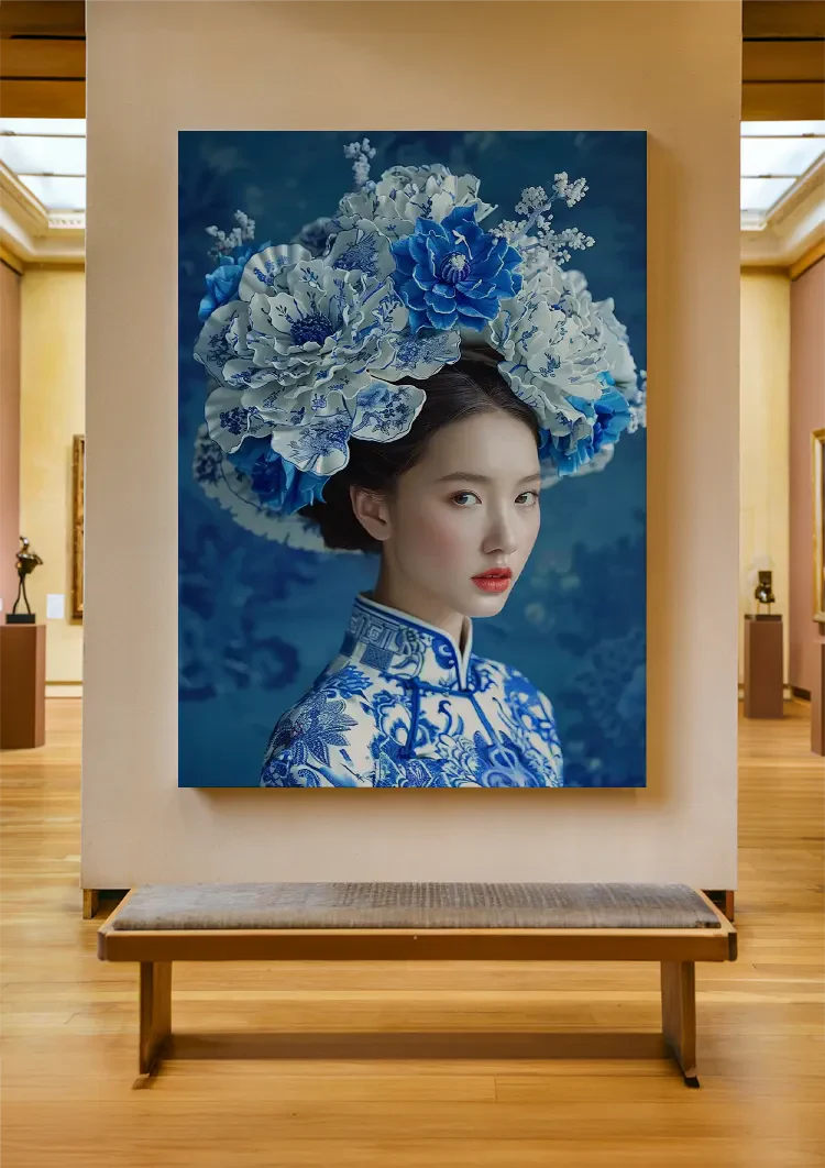 Delfts Blauw Vrouw Grote Bloemenkroon Traditioneel Portret Blauw Schilderij