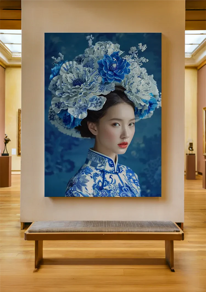 Delfts Blauw Vrouw Grote Bloemenkroon Traditioneel Portret Blauw Schilderij