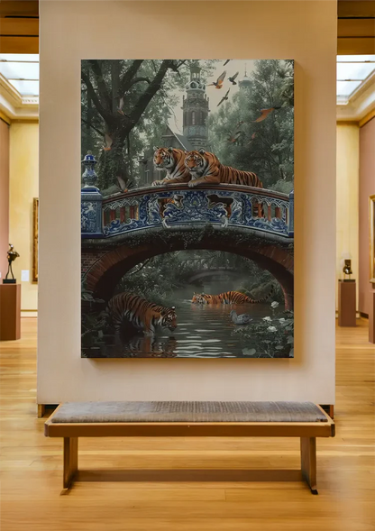 Tiger auf Porzellanbrücke Grüner Wald Asiatisches Gemälde