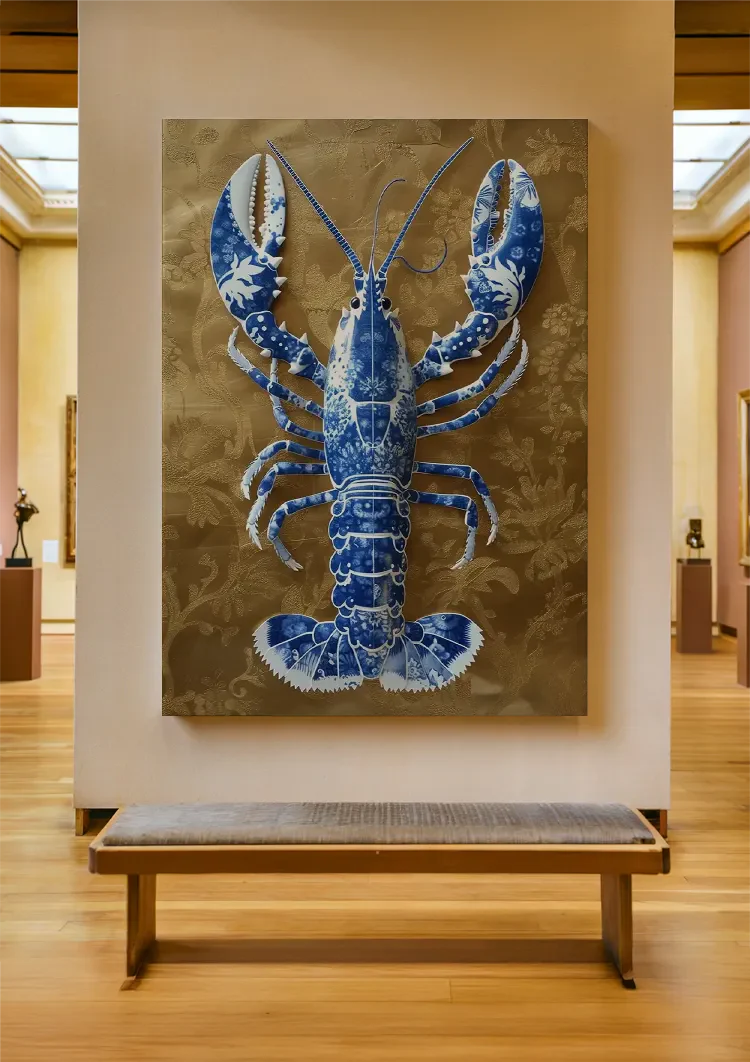 Delft Blue Lobster Gold Textured Background Painting