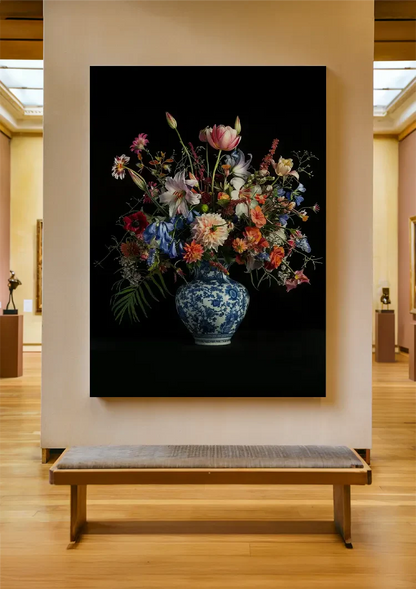 Delfts Blauw Vaas Kleurrijk Bloemboeket Tulpen Rozen Zwarte Achtergrond Stilleven Schilderij