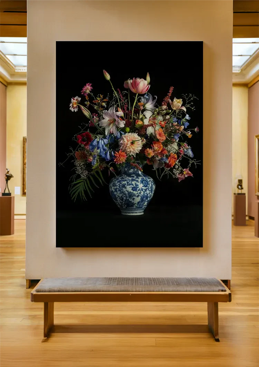 Delfts blauwe bloemenvaas canvas schilderij aan de wand in de hal