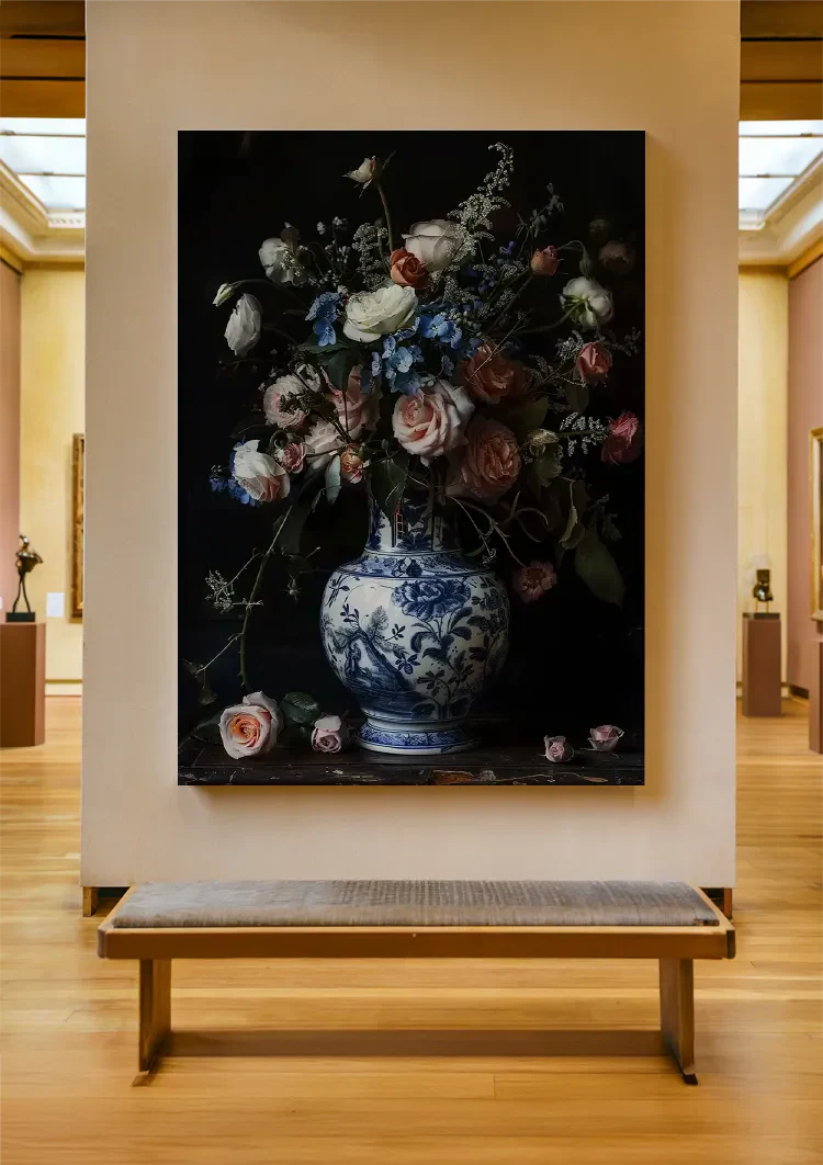 Delfts Blauw Vaas Roze Witte Rozen Bloemenboeket Stilleven Schilderij