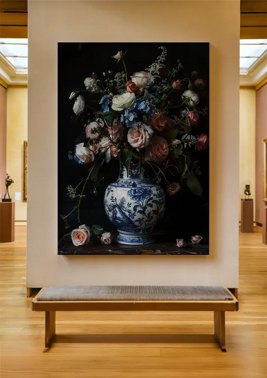 Delfts blauwe vaas met rozen canvas schilderij aan de muur in de hal.