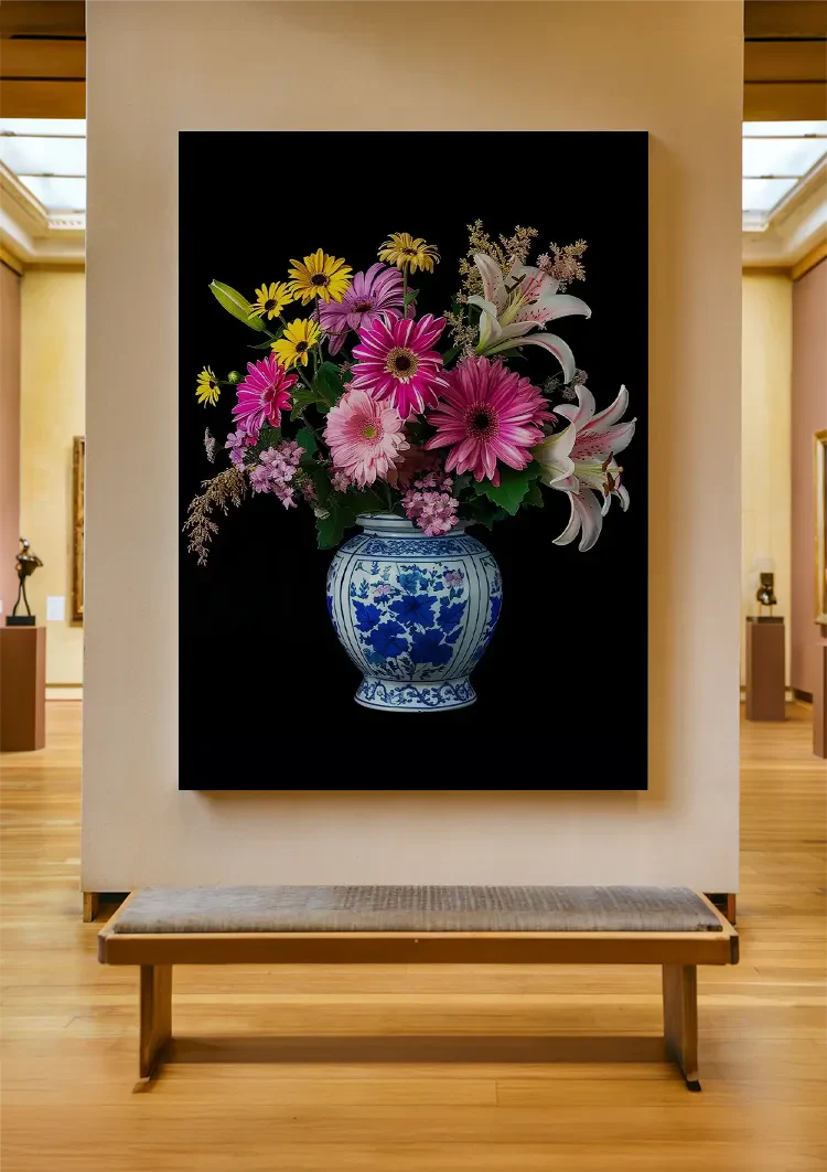 Kleurrijk Bloemboeket in Delfts Blauwe Vaas Donkere Achtergrond Schilderij