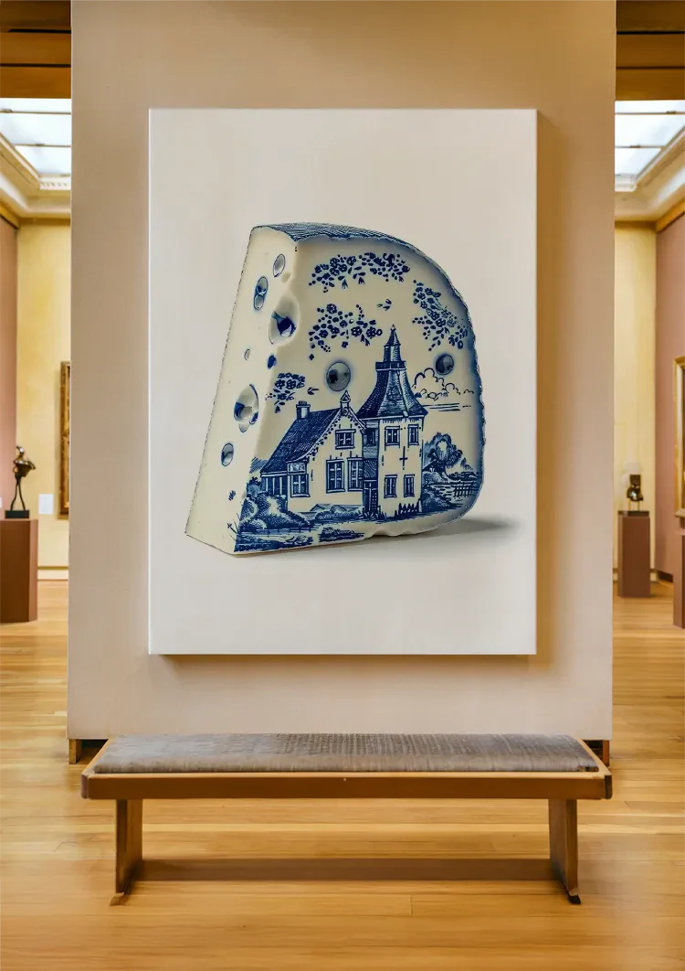 Delft Blue Cheese with Dutch House Illustration Painting
