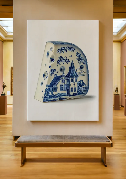 Delft Blue Cheese with Dutch House Illustration Painting